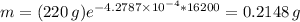 m = (220 \, g) e^{-4.2787 \times 10^{-4}*16200}=0.2148 \, g