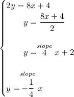 \bf \begin{cases}&#10;2y=8x+4\\&#10;\qquad y=\cfrac{8x+4}{2}\\\\&#10;\qquad y=\stackrel{slope}{4}x+2\\\\&#10;y=\stackrel{slope}{-\cfrac{1}{4}}x&#10;\end{cases}