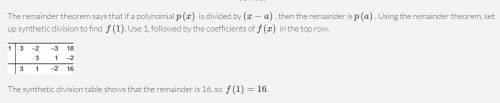Use the polynomial remainder theorem to evaluate the polynomial for the given value. f(x)=3x^3−2x^2−