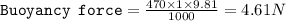\texttt{Buoyancy force}= \frac{470\times 1\times 9.81}{1000} = 4.61 N
