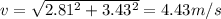 v=\sqrt{2.81^2+3.43^2}=4.43m/s