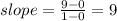 slope =\frac{9-0}{1-0}=9