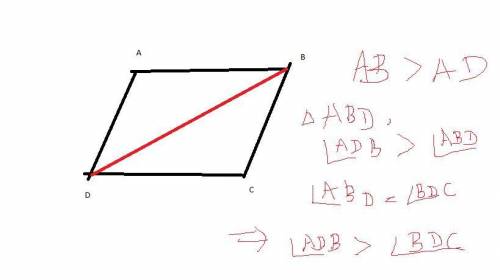 Abcd is a parallelogram. ab> ad. prove:  m∠adb> m∠bdc. show your work (statement reason maybe?
