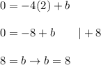 0=-4(2)+b\\\\0=-8+b\qquad|+8\\\\8=b\to b=8