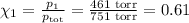 \chi_{1} = \frac{p_{1}}{p_{\text{tot}} } = \frac{\text{461 torr} }{\text{751 torr}} = 0.61
