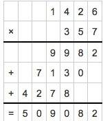 1. 426 x 357 standard algorithm 2. 1,426 x 357 also standard algorithm.