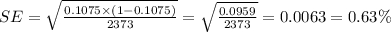 SE=\sqrt{\frac{0.1075\times (1-0.1075)}{2373}}=\sqrt{\frac{0.0959}{2373}}=0.0063=0.63\%