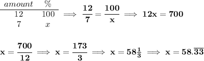\bf \begin{array}{ccll}amount&\%\\\cline{1-2}12&100\\7&x\end{array}\implies \cfrac{12}{7}=\cfrac{100}{x}\implies 12x=700\\\\\\x=\cfrac{700}{12}\implies x=\cfrac{173}{3}\implies x=58\frac{1}{3}\implies x = 58.\overline{33}