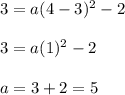 3=a(4-3)^2-2\\ \\ 3=a(1)^2-2\\ \\ a=3+2=5