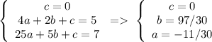 \left \{ \begin{array}{ccc}c=0\\4a+2b+c=5\\25a+5b+c=7\end{array}\right = \ \left \{ \begin{array}{ccc}c=0\\b=97/30\\a=-11/30\end{array}\right