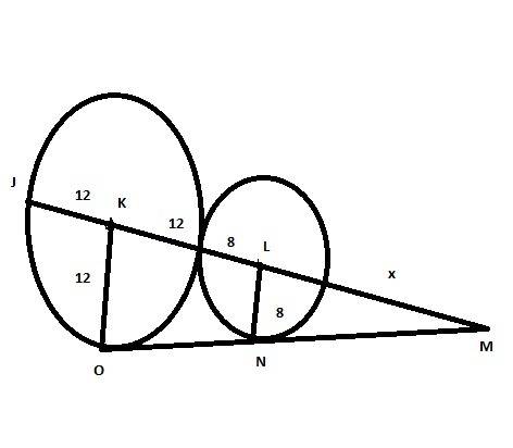 Om is a common external tangent to circles k and l at poinys o and n, respectively. if jk = 12 and l