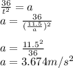 \frac{36}{t^2} = a\\a = \frac{36}{(\frac{11.5}{a})^2} \\\\a =\frac{11.5^2}{36}\\a = 3.674 m / s ^2