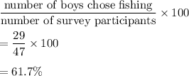 \dfrac{\text{number of boys chose fishing}}{\text{number of survey participants}}\times 100\\\\=\dfrac{29}{47}\times 100\\\\=61.7\%