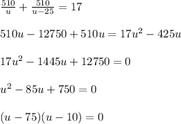 \frac{510}{u} +\frac{510}{u-25}=17\\ \\ 510u-12750+510u=17u^2-425u\\ \\ 17u^2-1445u+12750=0\\ \\ u^2-85u+750=0\\ \\ (u-75)(u-10)=0