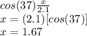 cos(37)\frac{x}{2.1}\\x=(2.1)[cos(37)]\\x=1.67