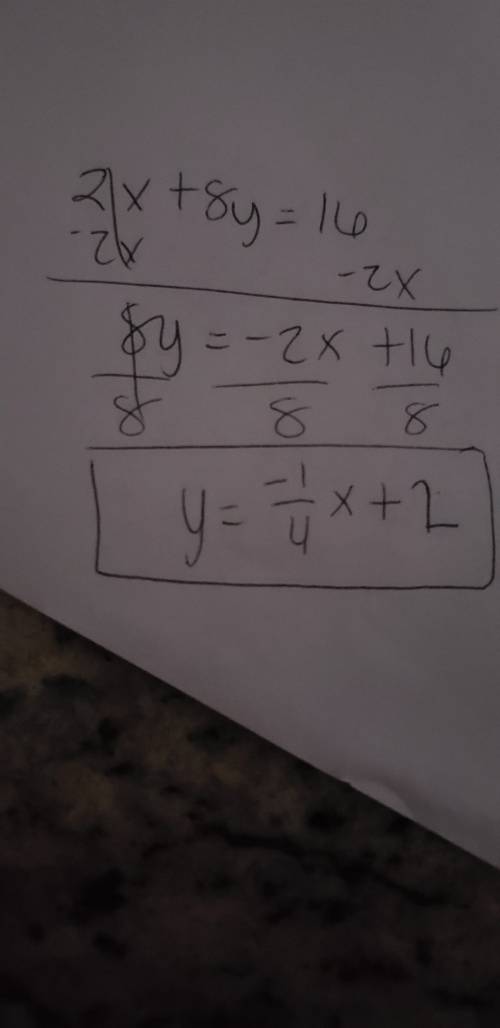 What is the relationship between the lines with the following equations?  2x+8y=16 y=4x+7