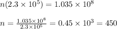 n(2.3\times 10^5)=1.035\times 10^8\\ \\ n= \frac{1.035\times 10^8}{2.3\times 10^5}=0.45\times 10^3 = 450