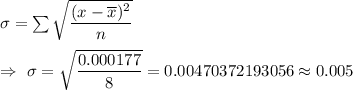 \sigma=\sum\sqrt{\dfrac{(x-\overline{x})^2}{n}}\\\\\Rightarrow\ \sigma=\sqrt{\dfrac{0.000177}{8}}=0.00470372193056\approx0.005