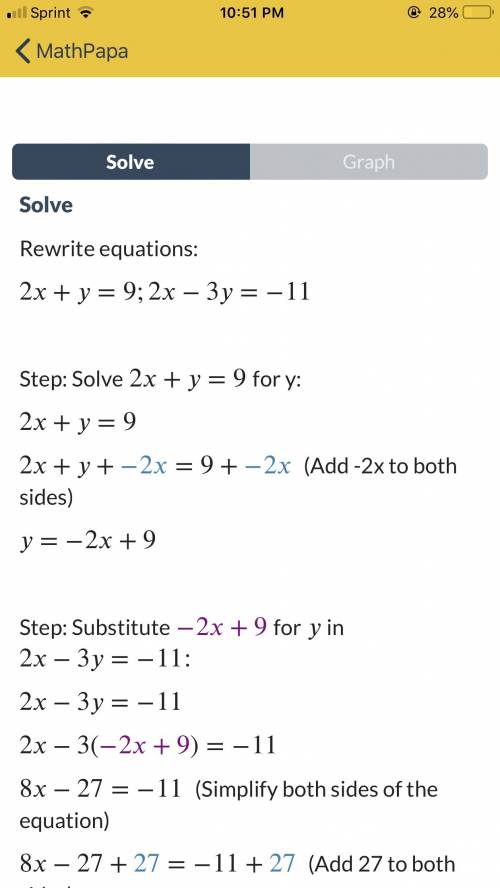 What is the answer to 2x-3y=11 2x+y=9