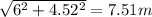 \sqrt{6^2+4.52^2} =7.51m