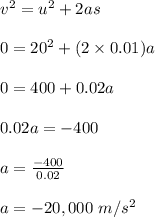 v^2 = u^2 + 2as\\\\0 = 20^2 + (2\times 0.01)a\\\\0 = 400 + 0.02a\\\\0.02a = -400\\\\a = \frac{-400}{0.02} \\\\a = -20,000 \ m/s^2