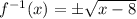 f^{-1}(x)=\pm \sqrt{x-8}