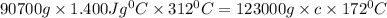 90700g\times 1.400Jg^0C\times 312^0C = 123000g\times c\times 172^0C