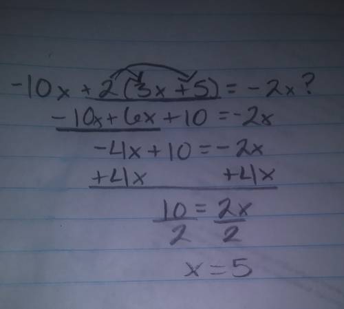 How do you solve -10x+2(3x+5)=-2x?  4(5x-12)-7x=5x?