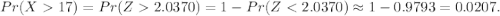 Pr(X17)=Pr(Z2.0370)=1-Pr(Z