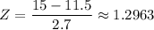 Z=\dfrac{15-11.5}{2.7}\approx 1.2963