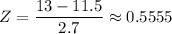 Z=\dfrac{13-11.5}{2.7}\approx 0.5555