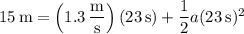 15\,\mathrm m=\left(1.3\,\dfrac{\mathrm m}{\mathrm s}\right)(23\,\mathrm s)+\dfrac12a(23\,\mathrm s)^2