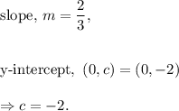 \textup{slope, }m=\dfrac{2}{3},\\\\\\\textup{y-intercept},~(0,c)=(0,-2)\\\\\Rightarrow c=-2.