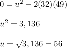 0=u^2-2(32)(49)\\ \\u^2=3,136\\ \\ u= \sqrt{3,136} =56