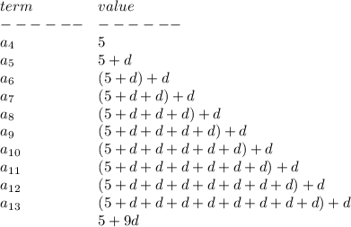 \bf \begin{array}{llll}&#10;term&value\\&#10;------&------\\&#10;a_4&5\\&#10;a_5&5+d\\&#10;a_6&(5+d)+d\\&#10;a_7&(5+d+d)+d\\&#10;a_8&(5+d+d+d)+d\\&#10;a_9&(5+d+d+d+d)+d\\&#10;a_{10}&(5+d+d+d+d+d)+d\\&#10;a_{11}&(5+d+d+d+d+d+d)+d\\&#10;a_{12}&(5+d+d+d+d+d+d+d)+d\\&#10;a_{13}&(5+d+d+d+d+d+d+d+d)+d\\&#10;&5+9d&#10;\end{array}