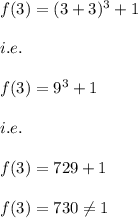 f(3)=(3+3)^3+1\\\\i.e.\\\\f(3)=9^3+1\\\\i.e.\\\\f(3)=729+1\\\\f(3)=730\neq 1