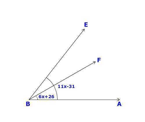 If the measure of angle abf=6x+26 and the measure of angle ebf=2x9 and measure of angle abe= 11x-31