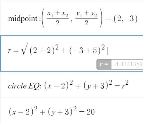 Find an equation of the circle whose diameter has endpoints (-2,-5) and (6,-1)