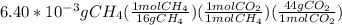 6.40*10^-^3gCH_4(\frac{1molCH_4}{16gCH_4})(\frac{1molCO_2}{1molCH_4})(\frac{44gCO_2}{1molCO_2})