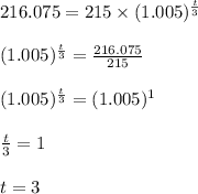 216.075=215\times (1.005)^{\frac{t}{3}}\\\\  (1.005)^{\frac{t}{3}}=\frac{216.075}{215}\\\\  (1.005)^{\frac{t}{3}}=(1.005)^{1}\\\\ \frac{t}{3}=1\\\\ t=3