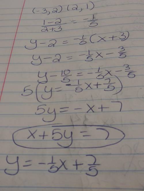 Choose the equation that represents a line that passes through points -3,2 and 2,15x+y=-135x-y=17x-5