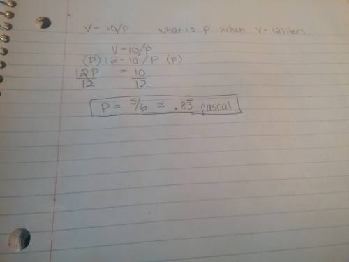 Use the equation v=10/p to determine the pressure when the volume is 12 liters