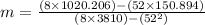 m=\frac{(8 \times 1020.206)-(52 \times 150.894)}{(8 \times 3810)-(52^2)}