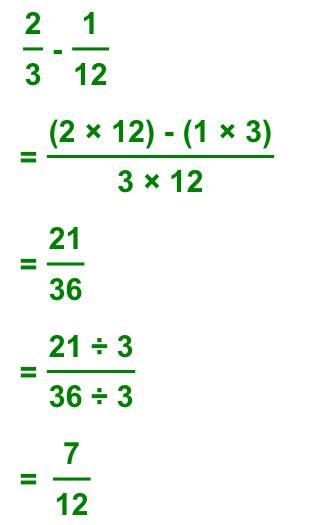 Subtraction with unequal denominators:  2/3 - 1/12
