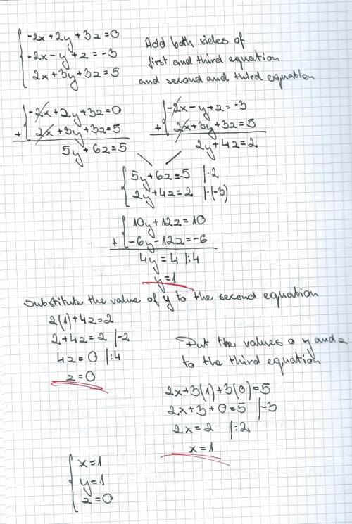 What is the solution of the system of equations?   {-3x - 4y - 3z = -7 {2x - 6y + 2z = 3 {5x - 2y +