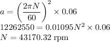 a=\left(\dfrac{2\pi N}{60}\right)^2\times 0.06\\12262550=0.01095N^2\times 0.06\\N=43170.32\rm \; rpm
