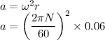 a=\omega^2r\\a=\left(\dfrac{2\pi N}{60}\right)^2\times 0.06