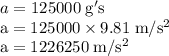 a=125000\rm \; g's\\a=125000\times 9.81 \rm \; m/s^2\\a=1226250\rm \; m/s^2