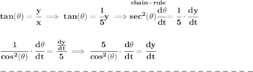 \bf tan(\theta )=\cfrac{y}{x}\implies tan(\theta )=\cfrac{1}{5}y\implies \stackrel{chain-rule}{sec^2(\theta )\cfrac{d\theta }{dt}}=\cfrac{1}{5}\cdot \cfrac{dy}{dt}&#10;\\\\\\&#10;\cfrac{1}{cos^2(\theta )}\cdot \cfrac{d\theta }{dt}=\cfrac{\frac{dy}{dt}}{5}\implies \cfrac{5}{cos^2(\theta )}\cdot \cfrac{d\theta }{dt}=\cfrac{dy}{dt}\\\\&#10;-------------------------------\\\\