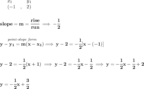 \bf \begin{array}{lllll}&#10;&x_1&y_1\\&#10;%   (a,b)&#10;&({{ -1}}\quad ,&{{ 2}})&#10;\end{array}&#10;\\\\\\&#10;% slope  = m&#10;slope = {{ m}}= \cfrac{rise}{run} \implies -\cfrac{1}{2}&#10;\\\\\\&#10;% point-slope intercept&#10;\stackrel{\textit{point-slope form}}{y-{{ y_1}}={{ m}}(x-{{ x_1}})}\implies y-2=-\cfrac{1}{2}[x-(-1)]&#10;\\\\\\&#10;y-2=-\cfrac{1}{2}(x+1)\implies y-2=-\cfrac{1}{2}x-\cfrac{1}{2}\implies y=-\cfrac{1}{2}x-\cfrac{1}{2}+2&#10;\\\\\\&#10;y=-\cfrac{1}{2}x+\cfrac{3}{2}